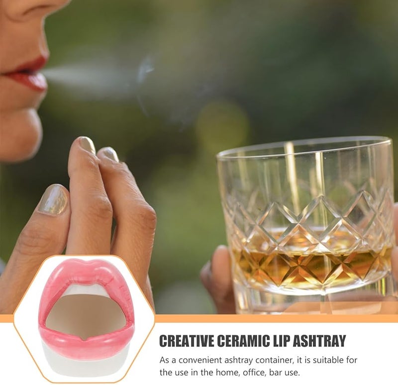 منفضة سجائر خزفية على شكل شفاة وردية زينة منزلية لسطح المكتب زخرفة طاولة للتدخين - Image 4